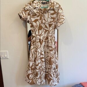 Mlle Gabrielle Tan and Cream Leaf Midi Dress
